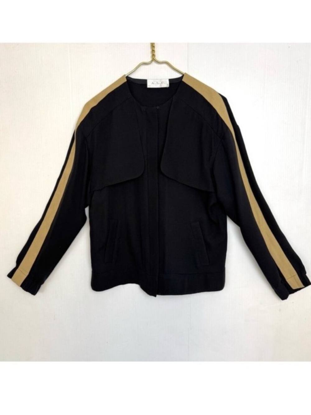 A.L.C. Mitchelle Black Bomber Jacket with ivory Sleeve Stripe